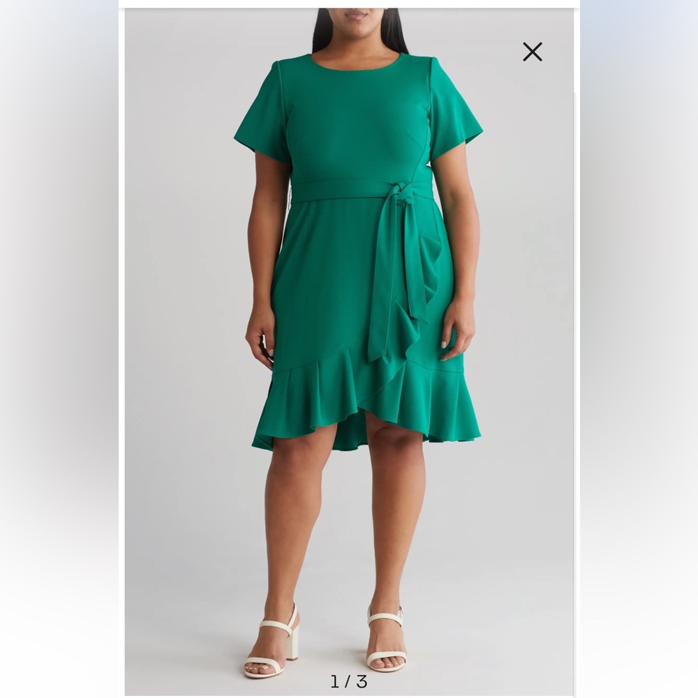 Calvin Klein Green Short Sleeve Ruffle Faux Wrap Dress